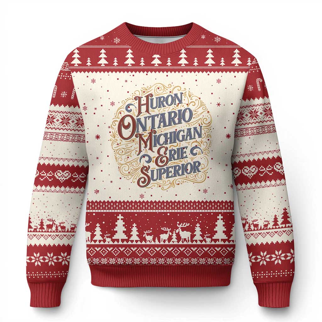 Vintage Great Lakes Homes Ugly Christmas Sweater Huron Ontario Michigan Erie Superior