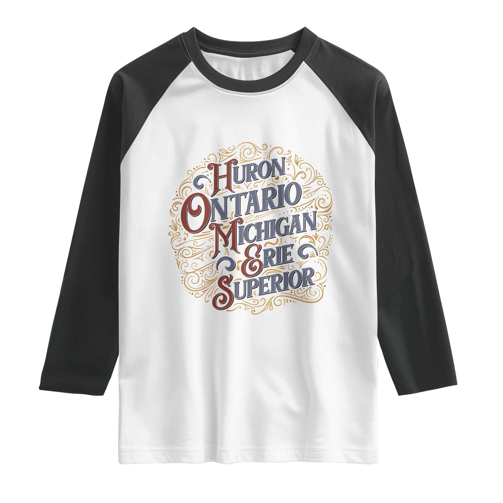 Vintage Great Lakes Homes Raglan Shirt Huron Ontario Michigan Erie Superior