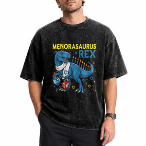 Funny Hanukkah Dinosaur With Dreidel Menorah Pun Gift Washed Cotton T-Shirt Menorasaurus Rex