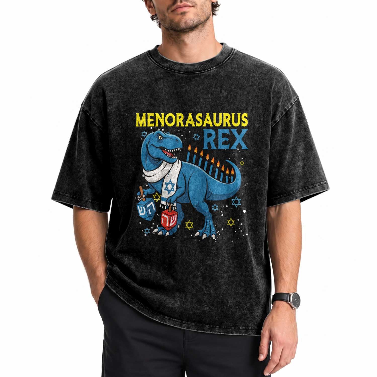 Funny Hanukkah Dinosaur With Dreidel Menorah Pun Gift Washed Cotton T-Shirt Menorasaurus Rex