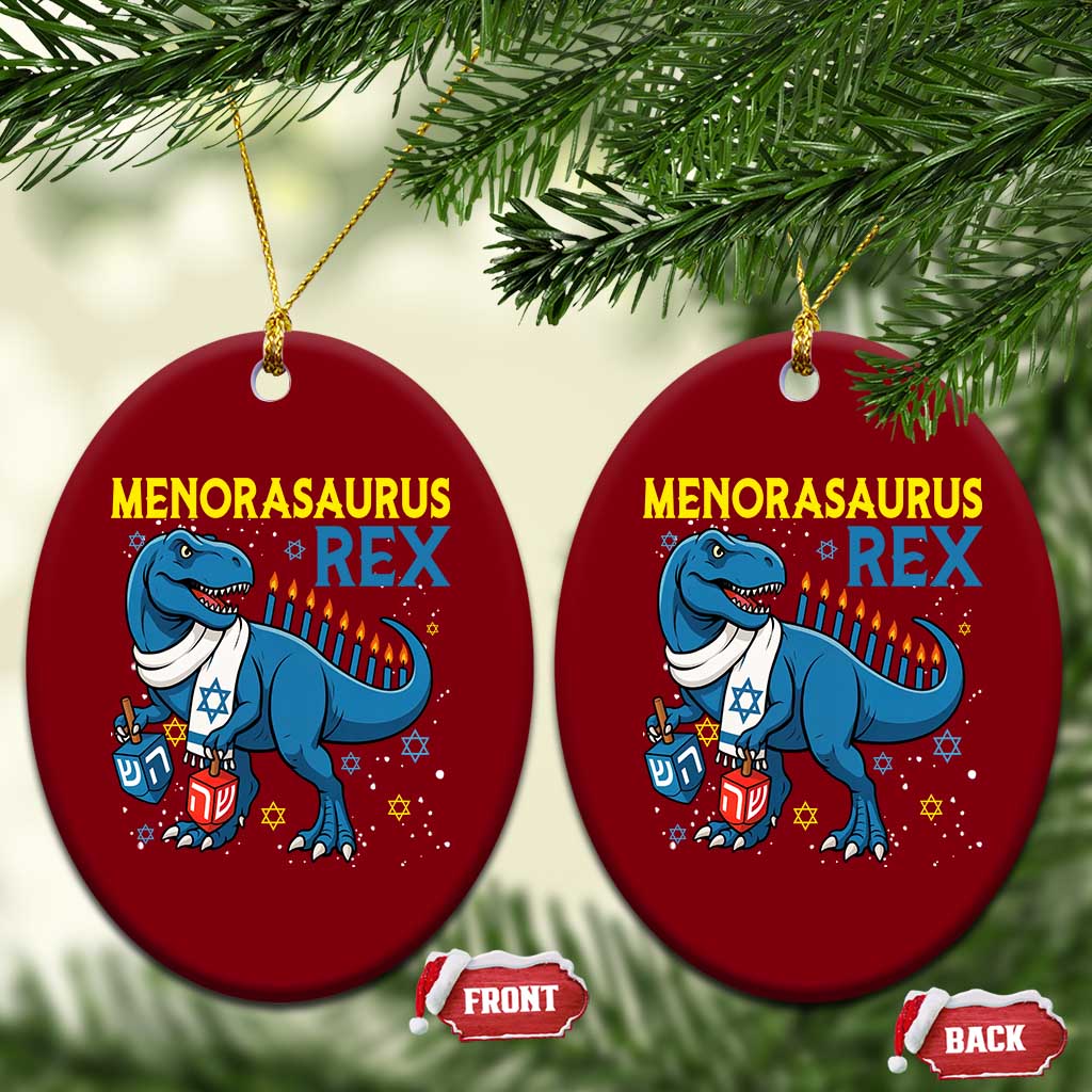 Funny Hanukkah Dinosaur With Dreidel Menorah Pun Gift Ceramic Ornament Menorasaurus Rex TS12 Print Your Wear