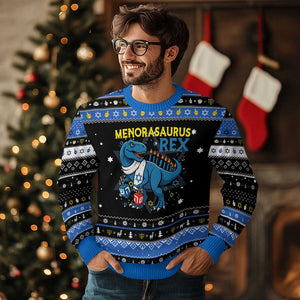 Funny Dinosaur With Dreidel Menorah Pun Gift Hanukkah Ugly Sweater Menorasaurus Rex TS12 Black Blue Print Your Wear