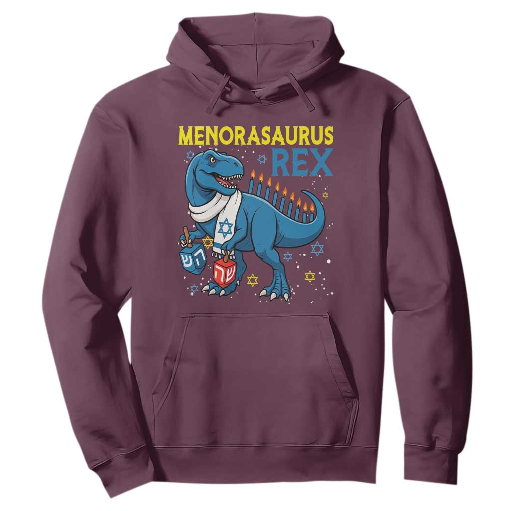 Funny Hanukkah Dinosaur With Dreidel Menorah Pun Gift Hoodie Menorasaurus Rex TS12 Maroon Print Your Wear