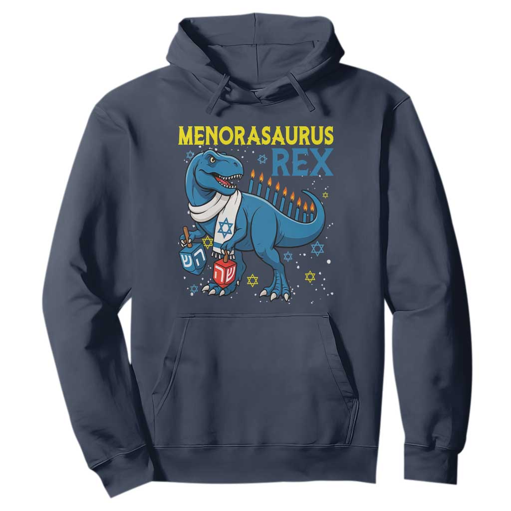 Funny Hanukkah Dinosaur With Dreidel Menorah Pun Gift Hoodie Menorasaurus Rex TS12 Navy Print Your Wear