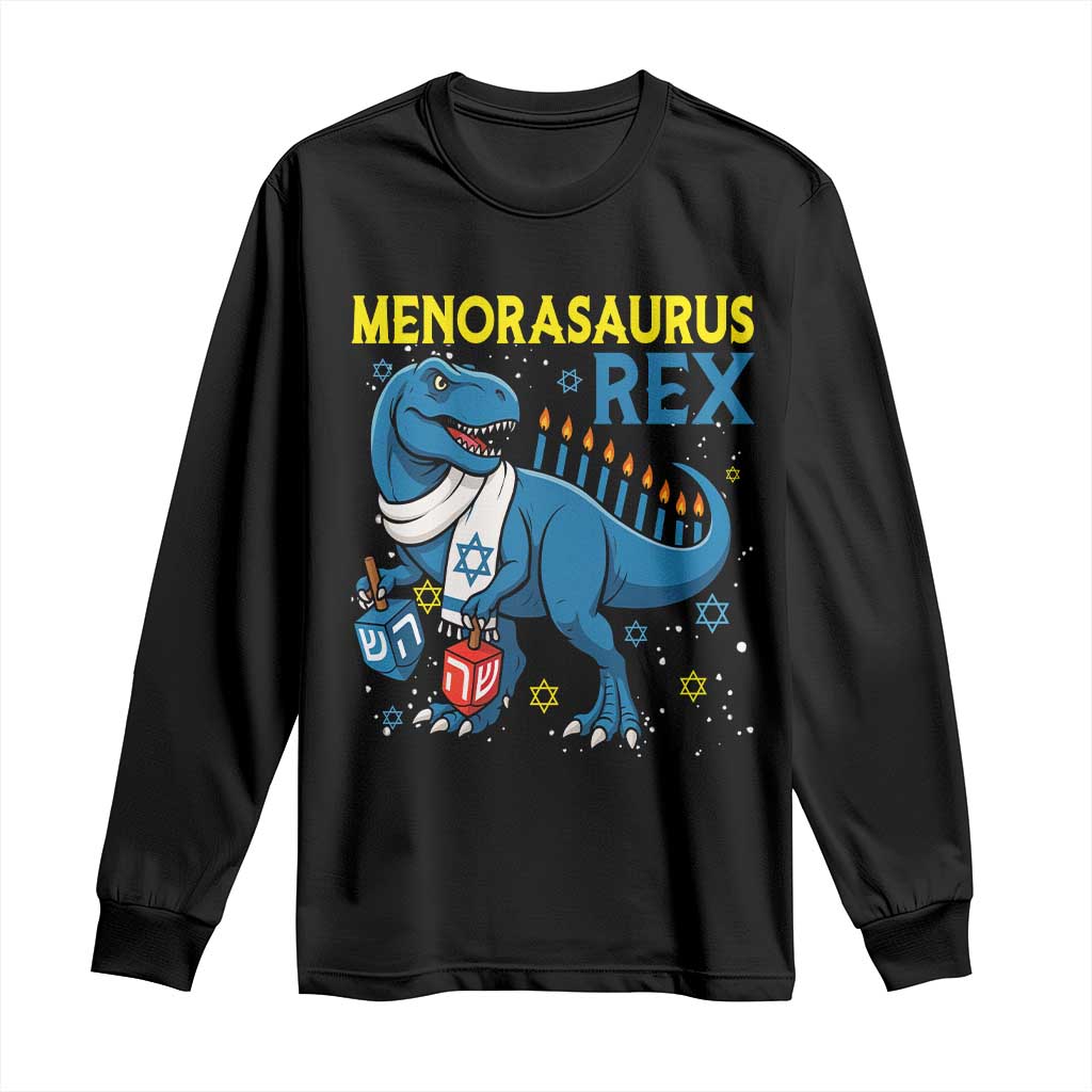 Funny Hanukkah Dinosaur With Dreidel Menorah Pun Gift Long Sleeve Shirt Menorasaurus Rex TS12 Black Print Your Wear