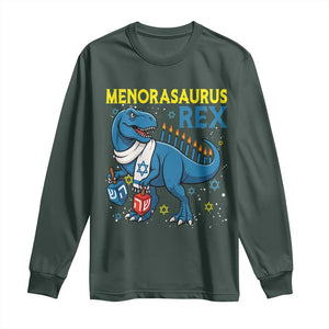 Funny Hanukkah Dinosaur With Dreidel Menorah Pun Gift Long Sleeve Shirt Menorasaurus Rex TS12 Dark Forest Green Print Your Wear