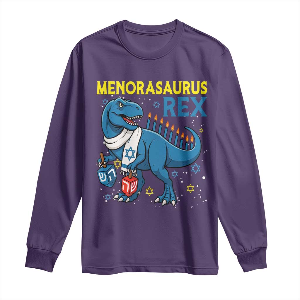 Funny Hanukkah Dinosaur With Dreidel Menorah Pun Gift Long Sleeve Shirt Menorasaurus Rex TS12 Purple Print Your Wear