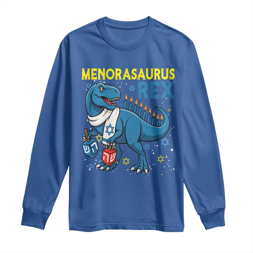 Funny Hanukkah Dinosaur With Dreidel Menorah Pun Gift Long Sleeve Shirt Menorasaurus Rex TS12 Royal Blue Print Your Wear
