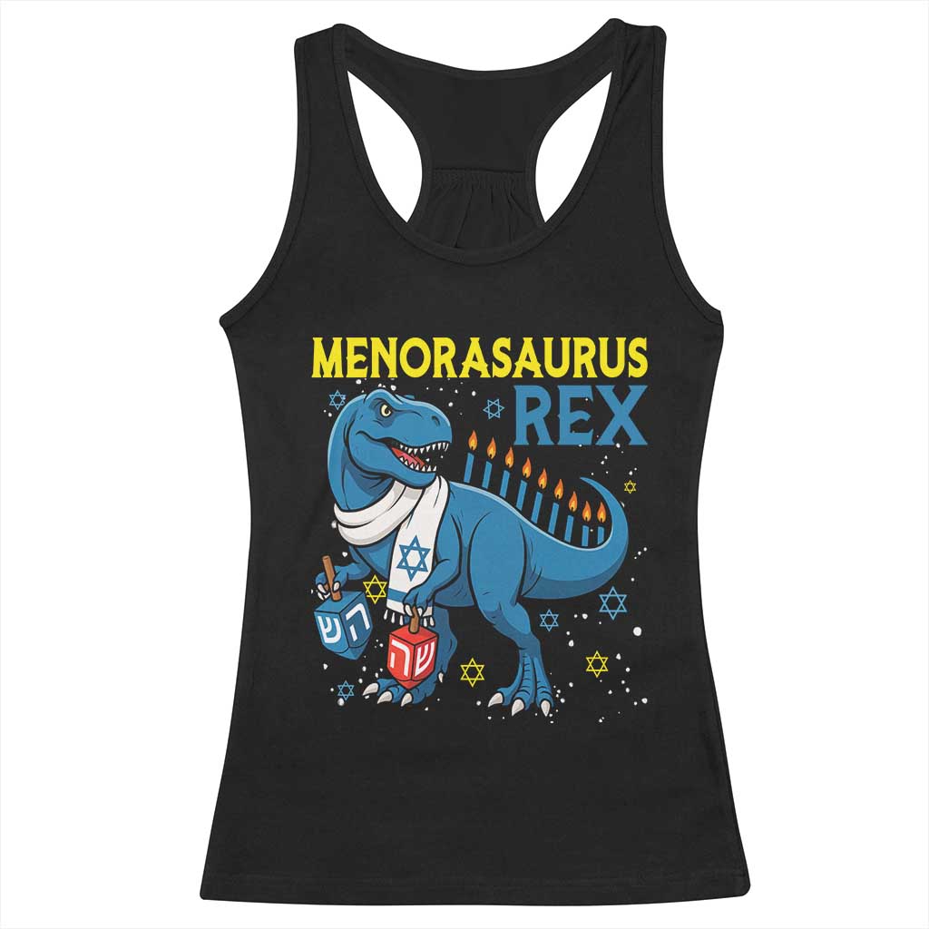 Funny Hanukkah Dinosaur With Dreidel Menorah Pun Gift Racerback Tank Top Menorasaurus Rex TS12 Black Print Your Wear