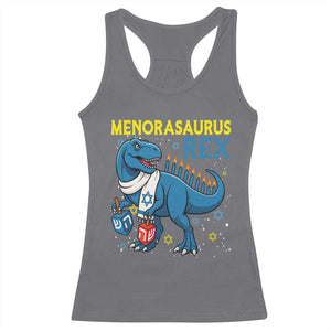 Funny Hanukkah Dinosaur With Dreidel Menorah Pun Gift Racerback Tank Top Menorasaurus Rex TS12 Charcoal Print Your Wear