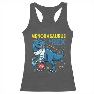 Funny Hanukkah Dinosaur With Dreidel Menorah Pun Gift Racerback Tank Top Menorasaurus Rex TS12 Dark Heather Print Your Wear
