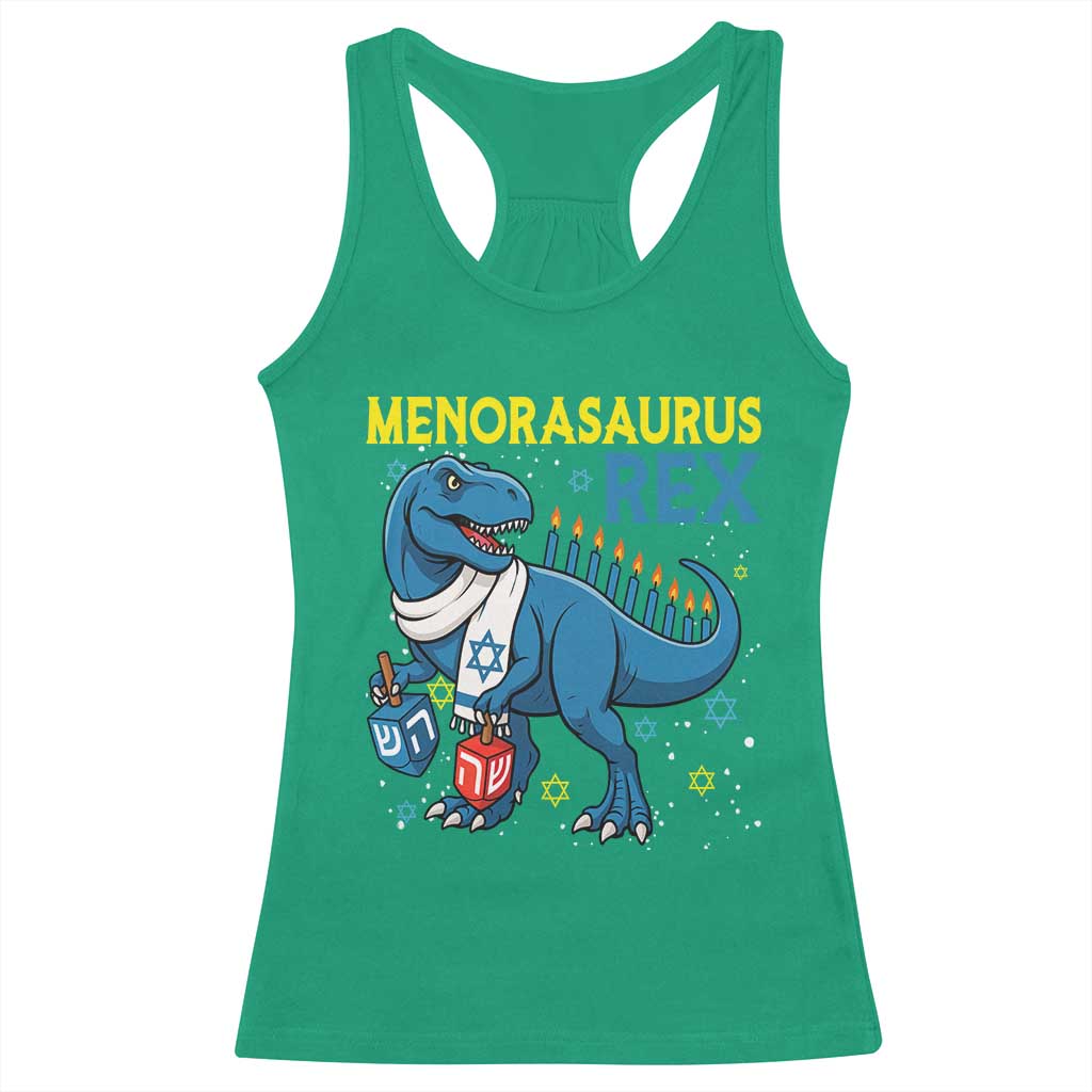 Funny Hanukkah Dinosaur With Dreidel Menorah Pun Gift Racerback Tank Top Menorasaurus Rex TS12 Irish Green Print Your Wear