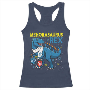 Funny Hanukkah Dinosaur With Dreidel Menorah Pun Gift Racerback Tank Top Menorasaurus Rex TS12 Navy Print Your Wear