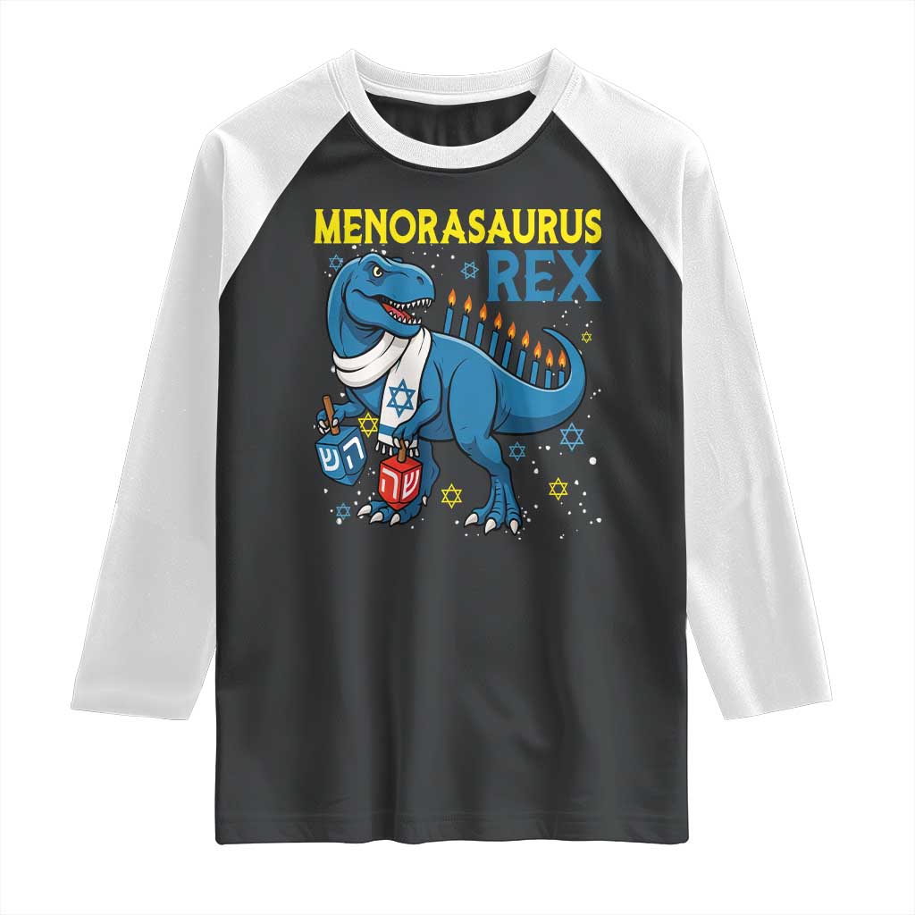 Funny Hanukkah Dinosaur With Dreidel Menorah Pun Gift Raglan Shirt Menorasaurus Rex TS12 Black White Print Your Wear