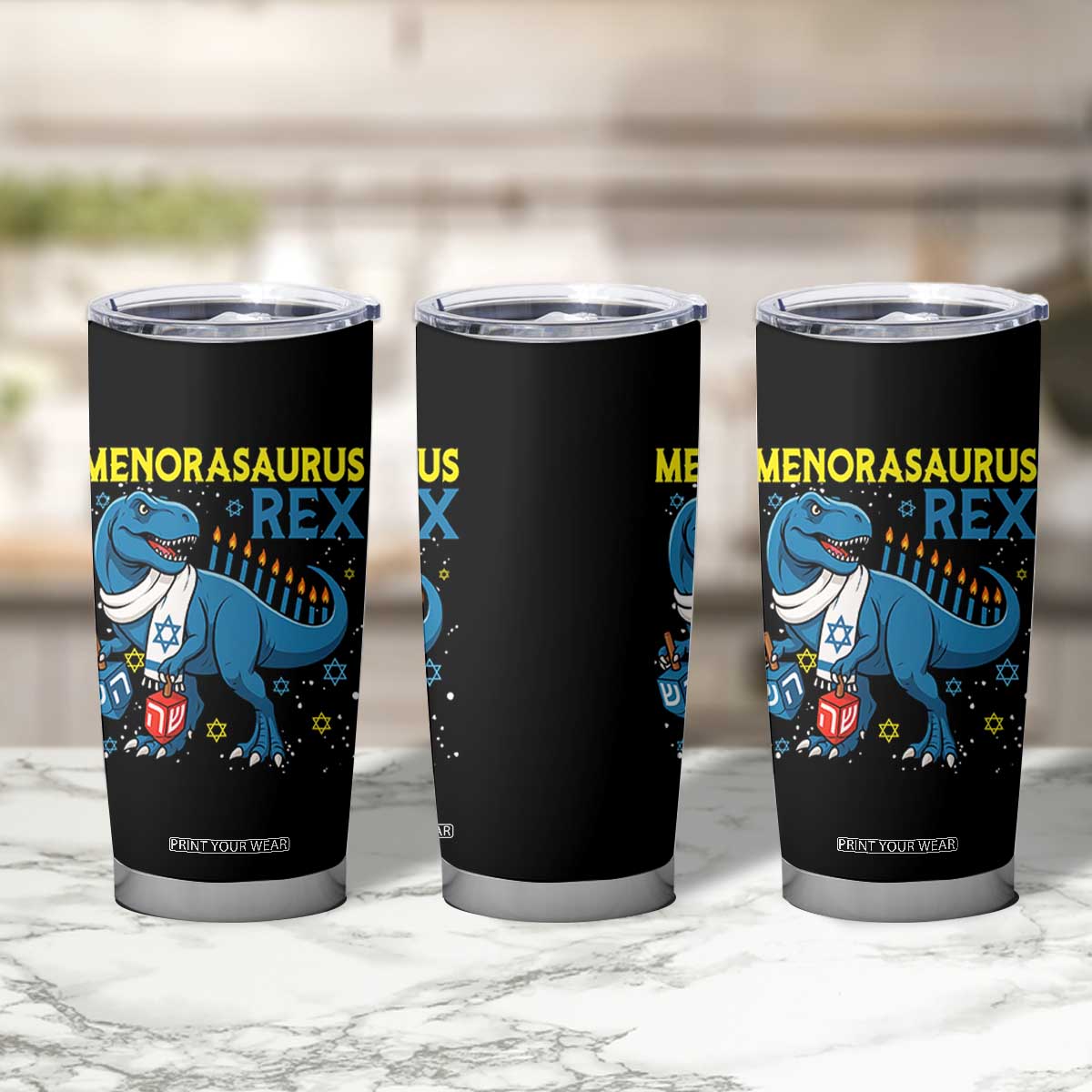 Funny Hanukkah Dinosaur With Dreidel Menorah Pun Gift Tumbler Cup Menorasaurus Rex TS12 Print Your Wear