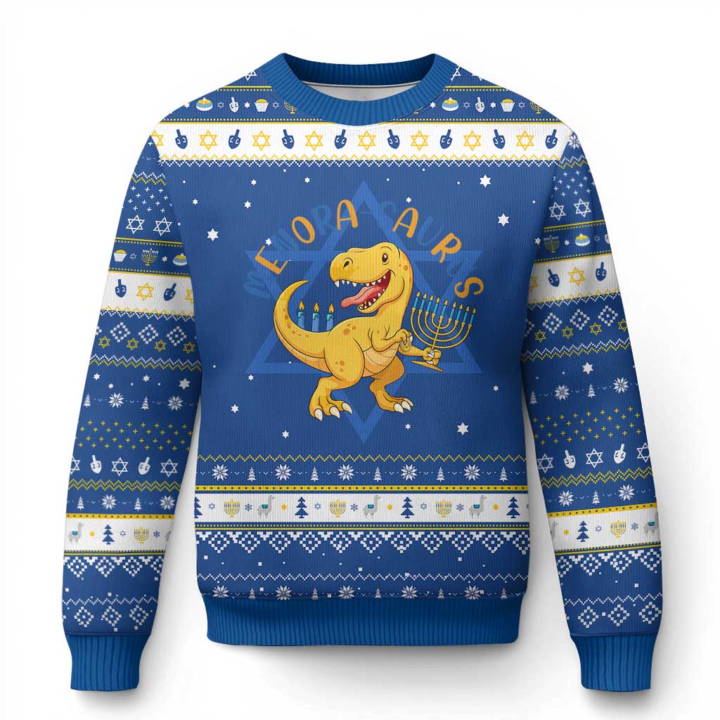 Funny Dinosaur Celebration Festival Of Lights Gift Hanukkah Ugly Sweater Menorasaurus TS12 Blue White Print Your Wear