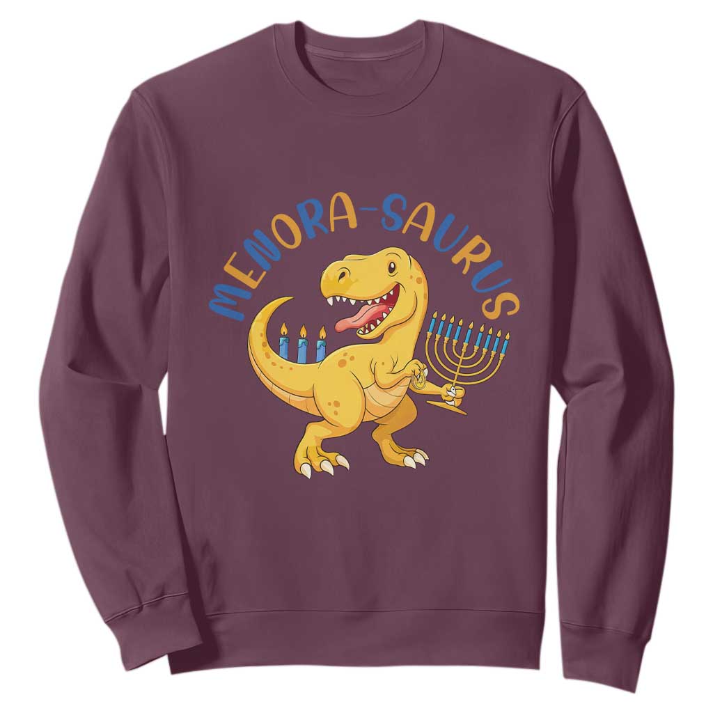 Funny Hanukkah Dinosaur Celebration Festival Of Lights Gift Sweatshirt Menorasaurus TS12 Maroon Print Your Wear