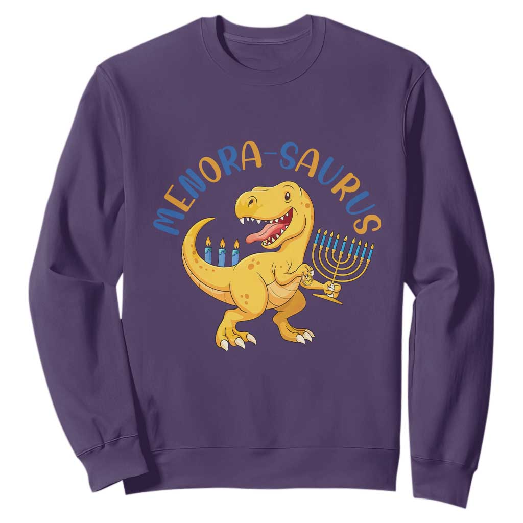 Funny Hanukkah Dinosaur Celebration Festival Of Lights Gift Sweatshirt Menorasaurus TS12 Purple Print Your Wear