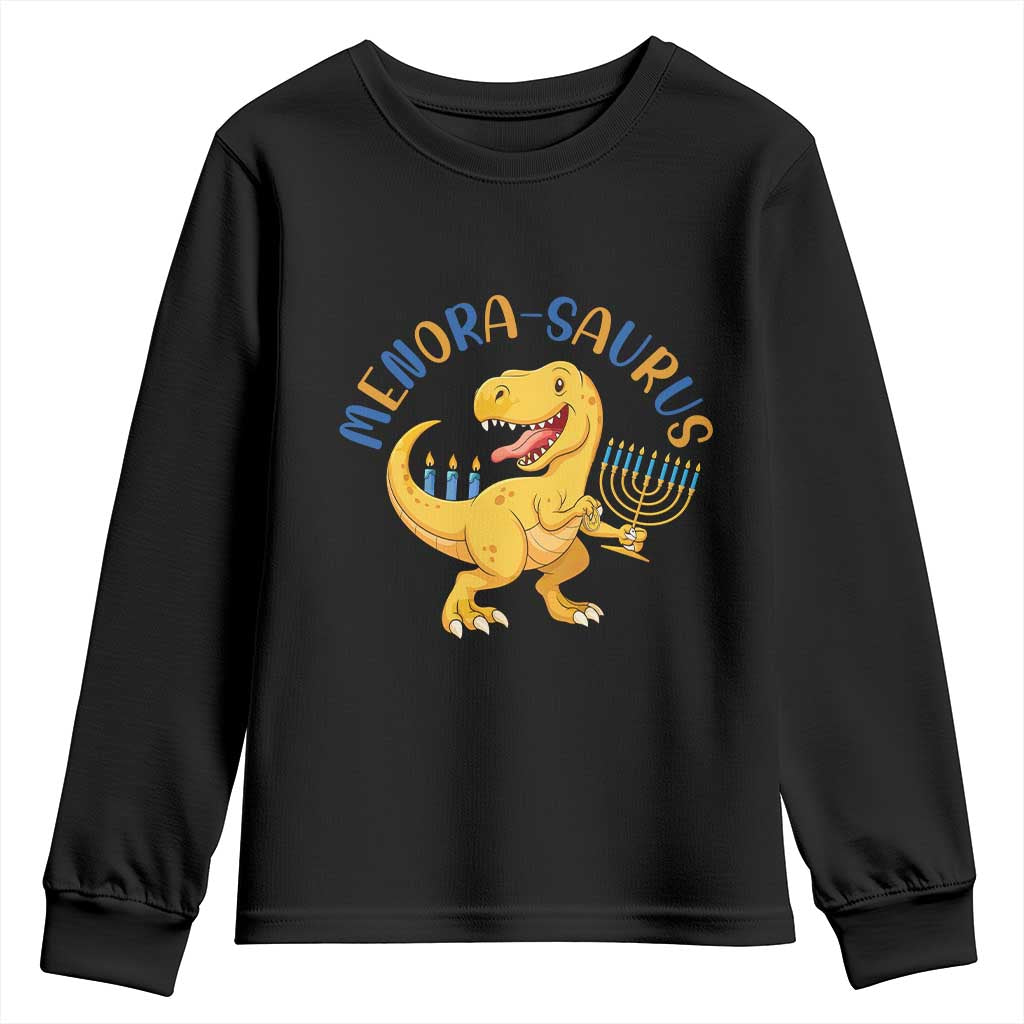 Funny Hanukkah Dinosaur Celebration Festival Of Lights Gift Youth Sweatshirt Menorasaurus TS12 Black Print Your Wear