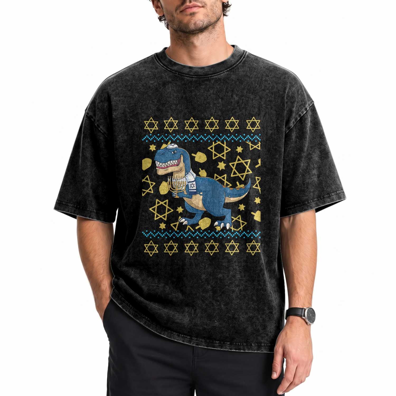 Funny Hanukkah Dinosaur Lover Ugly Sweater Washed Cotton T-Shirt Festival Of Lights Gift