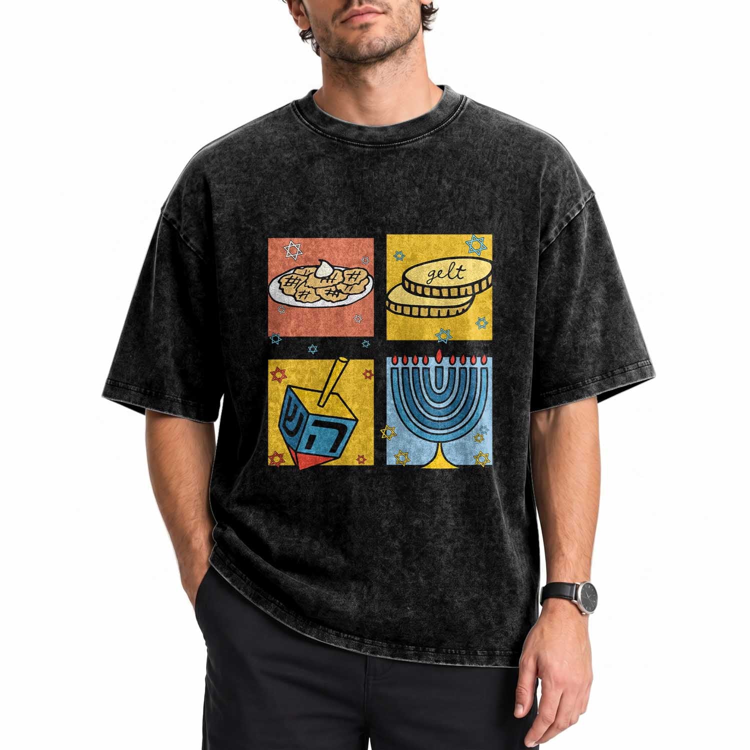 Hanukkah Washed Cotton T-Shirt Festival Of Lights Dreidel Menorah Candle Star Gift
