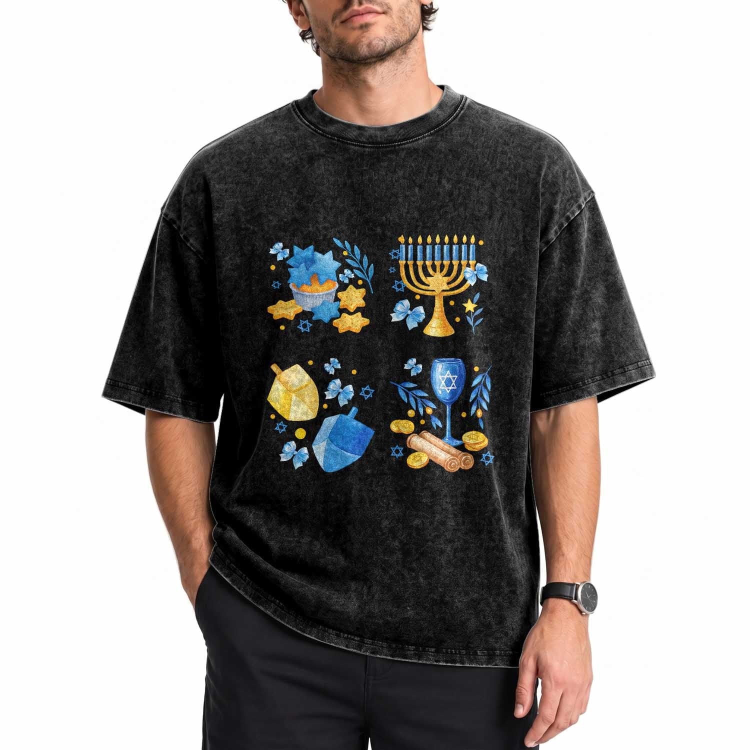 Hanukkah Celebration Washed Cotton T-Shirt Menorah Star Of David Candle Dreidel Gift