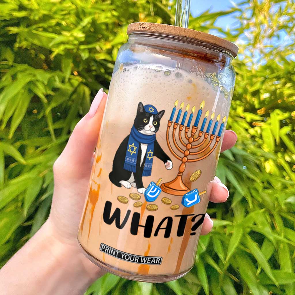 Funny Black Cat Chaos Hanukkah Menorah Gift Glass Can TS12 White Print Your Wear