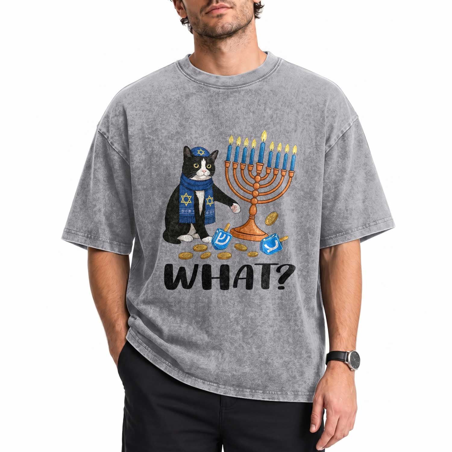 Funny Black Cat Chaos Hanukkah Menorah Gift Washed Cotton T-Shirt