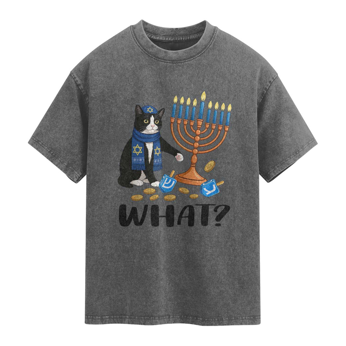 Funny Black Cat Chaos Hanukkah Menorah Gift Washed Cotton T-Shirt