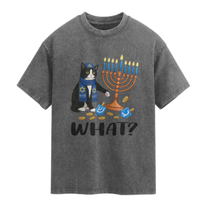 Funny Black Cat Chaos Hanukkah Menorah Gift Washed Cotton T-Shirt