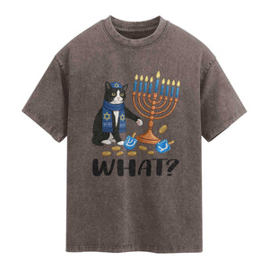 Funny Black Cat Chaos Hanukkah Menorah Gift Washed Cotton T-Shirt