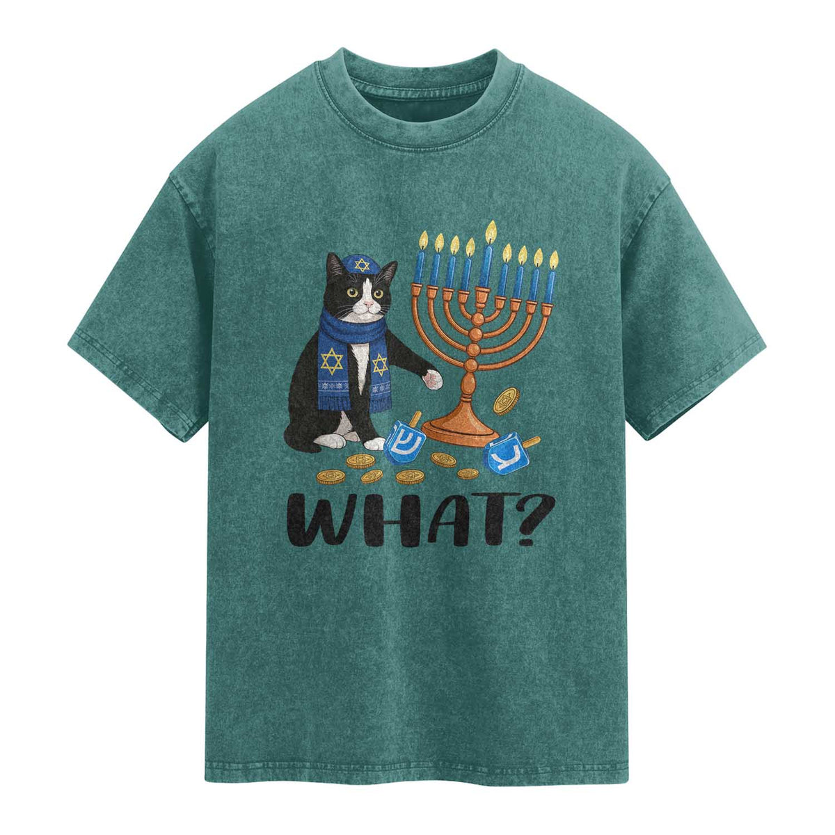 Funny Black Cat Chaos Hanukkah Menorah Gift Washed Cotton T-Shirt