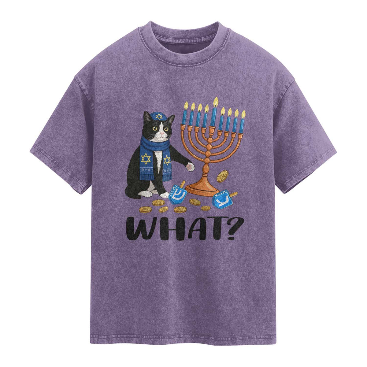 Funny Black Cat Chaos Hanukkah Menorah Gift Washed Cotton T-Shirt