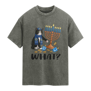 Funny Black Cat Chaos Hanukkah Menorah Gift Washed Cotton T-Shirt