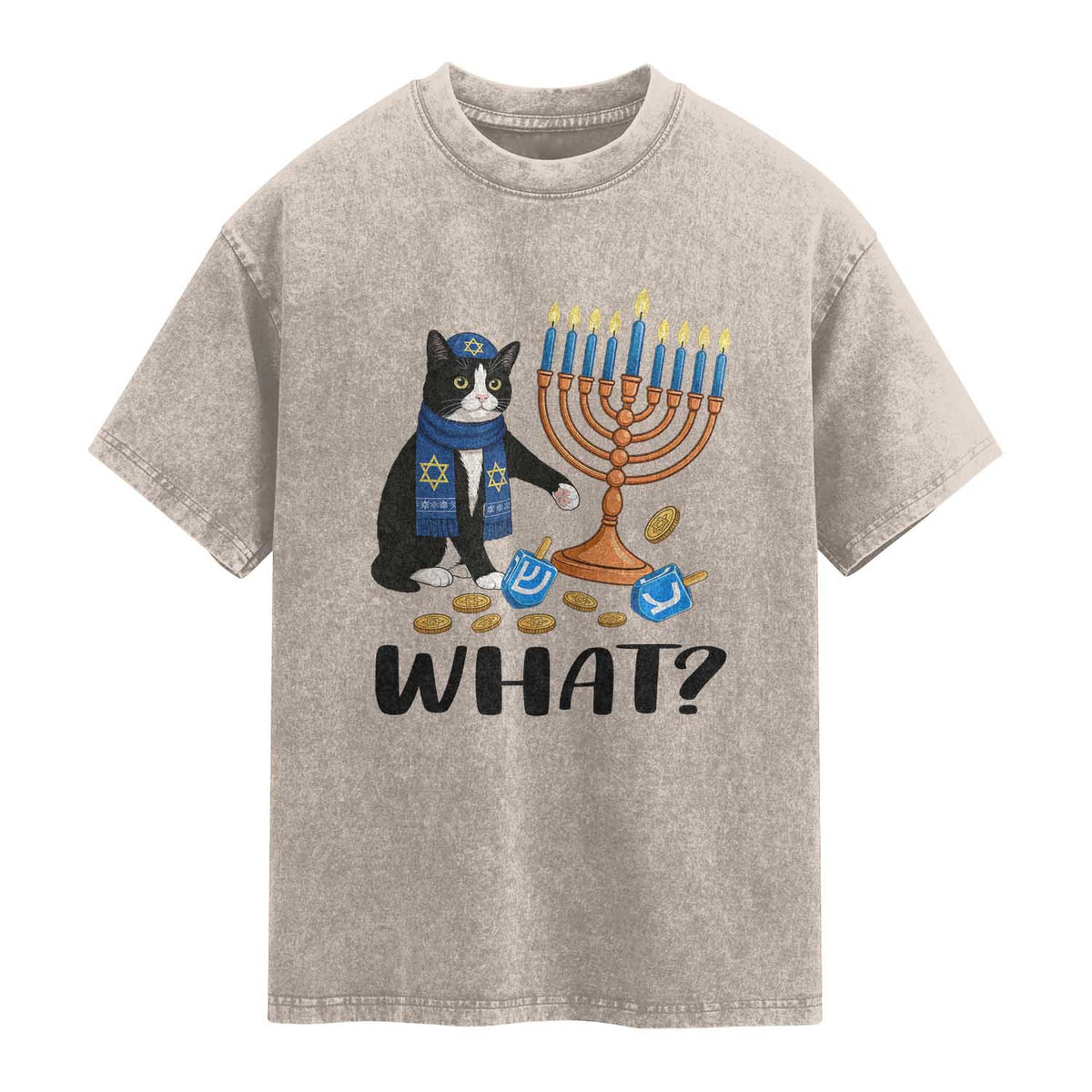 Funny Black Cat Chaos Hanukkah Menorah Gift Washed Cotton T-Shirt