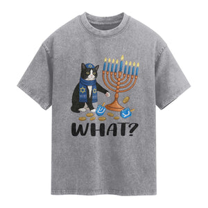 Funny Black Cat Chaos Hanukkah Menorah Gift Washed Cotton T-Shirt
