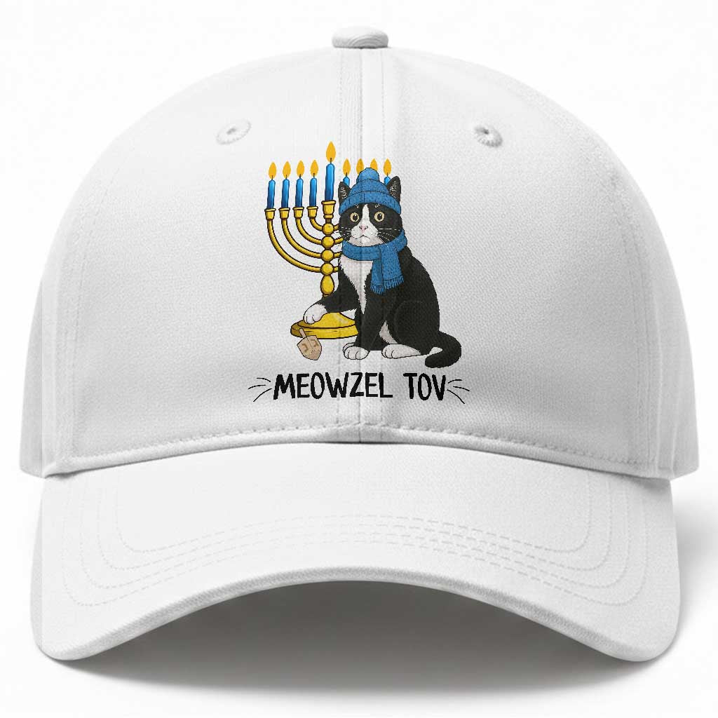 Meowzel Tov Baseball Cap Black Cat Playing Dreidel Menorah Hanukkah Gift TS12 Print Your Wear