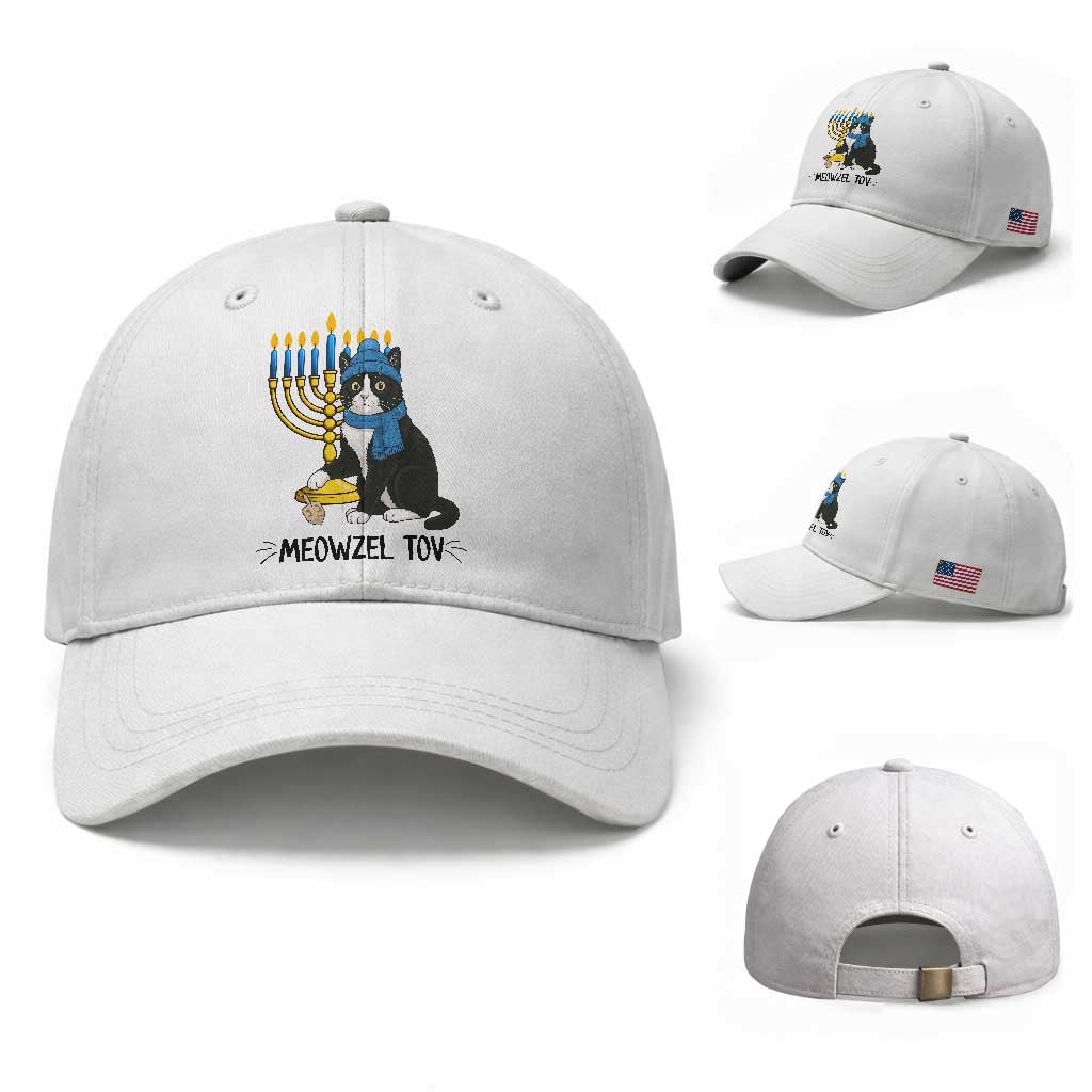 Meowzel Tov Baseball Cap Black Cat Playing Dreidel Menorah Hanukkah Gift TS12 Baseball Cap Universal Fit White Print Your Wear