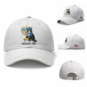Meowzel Tov Baseball Cap Black Cat Playing Dreidel Menorah Hanukkah Gift TS12 Baseball Cap Universal Fit White Print Your Wear