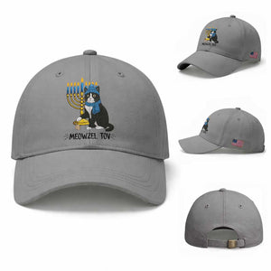 Meowzel Tov Baseball Cap Black Cat Playing Dreidel Menorah Hanukkah Gift TS12 Baseball Cap Universal Fit Sport Gray Print Your Wear