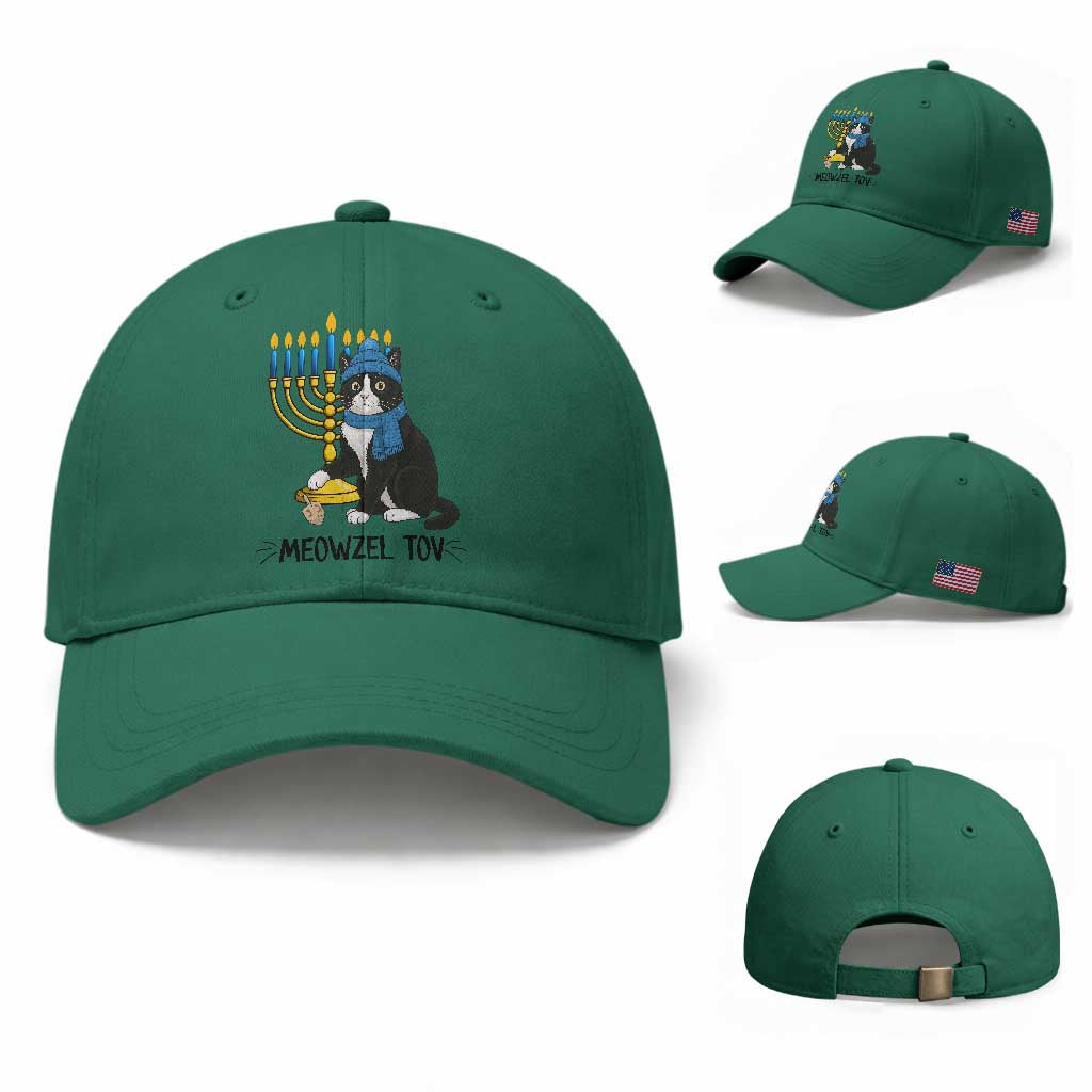 Meowzel Tov Baseball Cap Black Cat Playing Dreidel Menorah Hanukkah Gift TS12 Baseball Cap Universal Fit Irish Green Print Your Wear