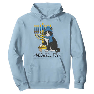 Meowzel Tov Hoodie Black Cat Playing Dreidel Menorah Hanukkah Gift TS12 Light Blue Print Your Wear