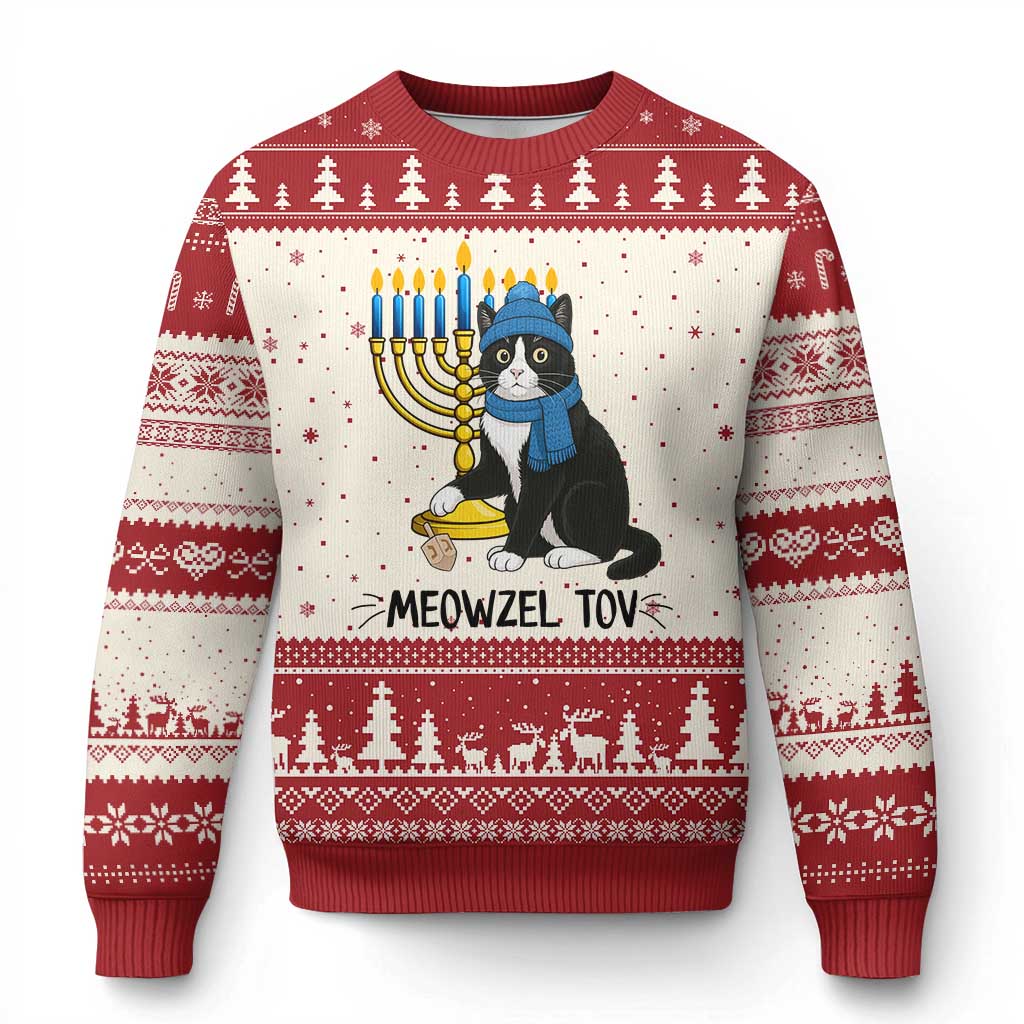 Meowzel Tov Ugly Christmas Sweater Black Cat Playing Dreidel Menorah Hanukkah Gift TS12 Beige Red Print Your Wear