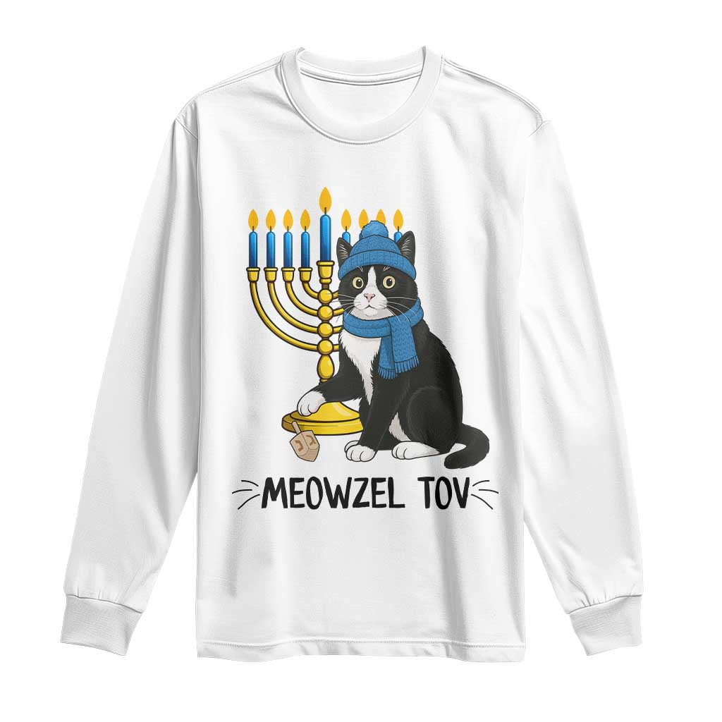 Meowzel Tov Long Sleeve Shirt Black Cat Playing Dreidel Menorah Hanukkah Gift TS12 White Print Your Wear
