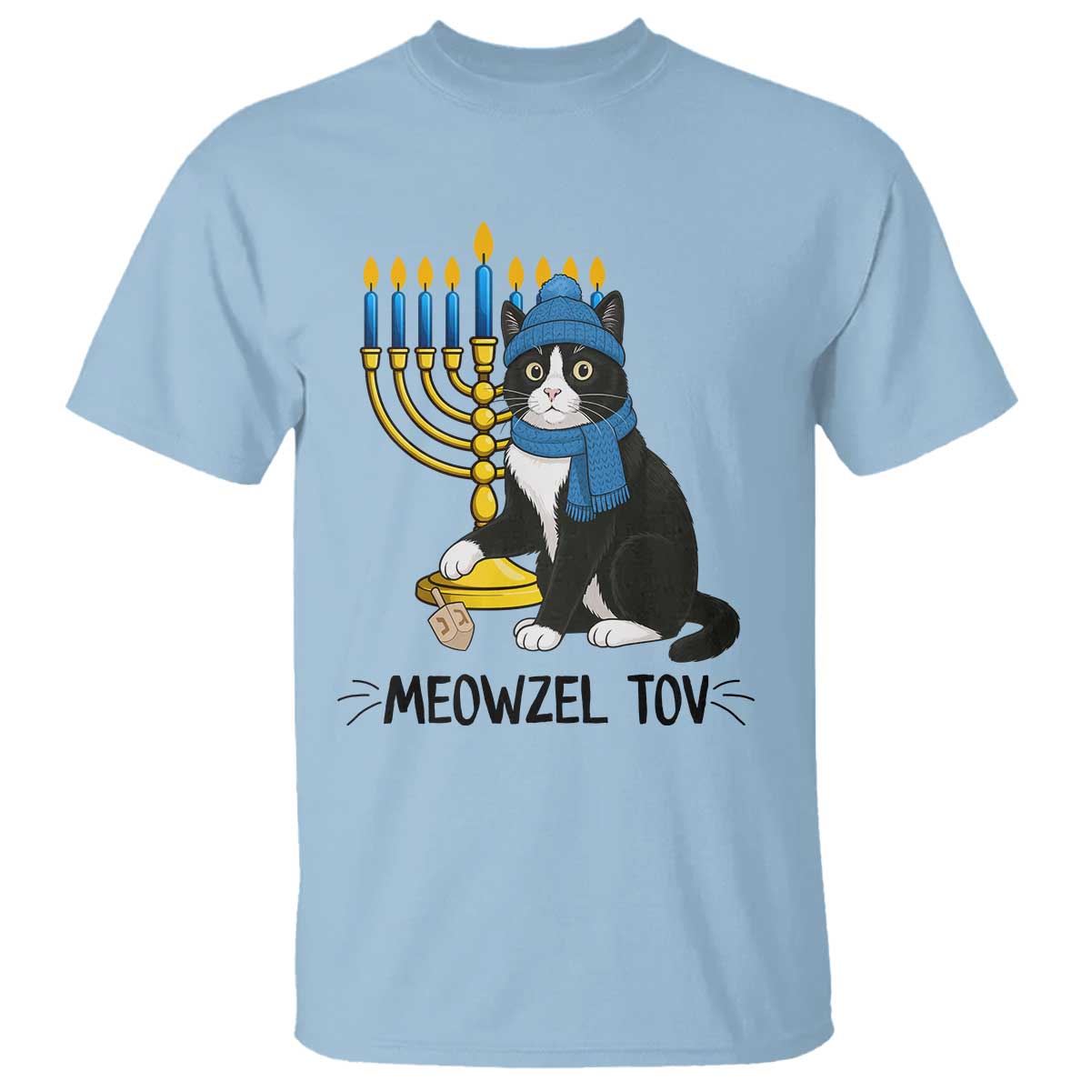 Meowzel Tov T Shirt Black Cat Playing Dreidel Menorah Hanukkah Gift TS12 Light Blue Print Your Wear