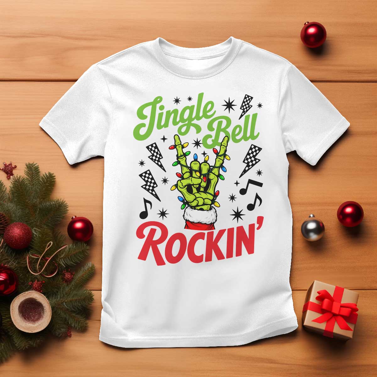 Jingle Bell Rockin Skeleton Hand T Shirt Green Rocker Christmas Holiday Gift
