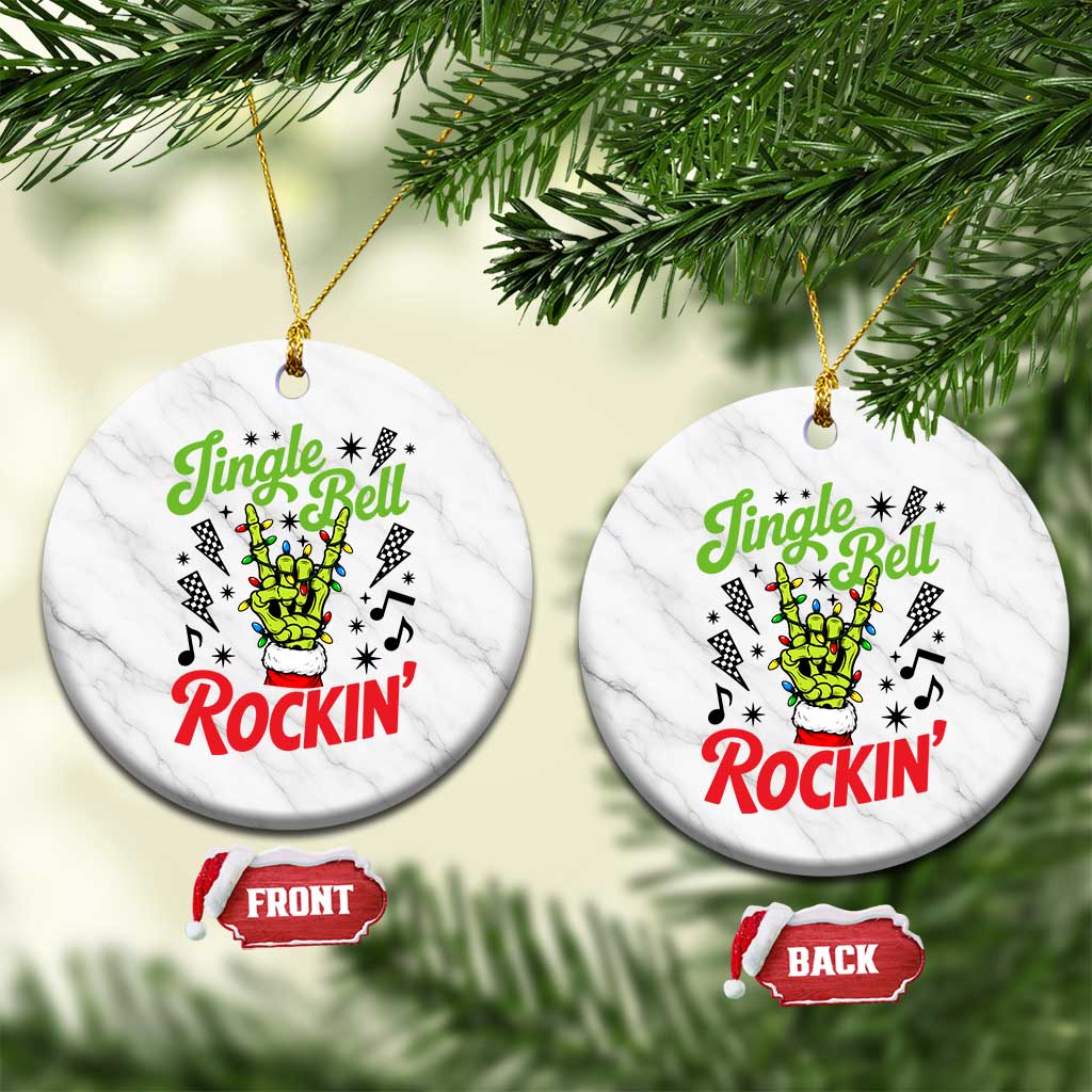 Jingle Bell Rockin Skeleton Hand Ceramic Ornament Green Rocker Christmas Holiday Gift