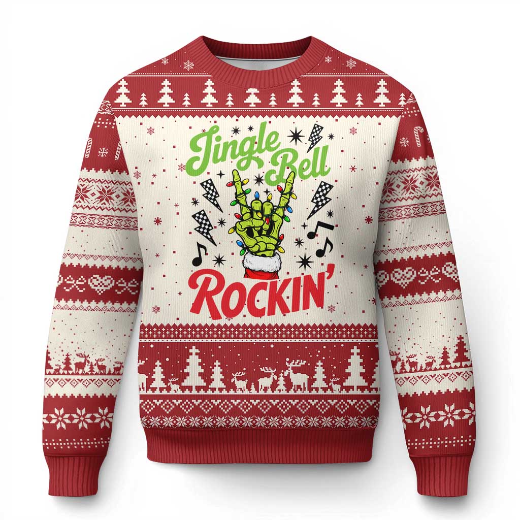 Jingle Bell Rockin Skeleton Hand Ugly Christmas Sweater Green Rocker Xmas Holiday Gift