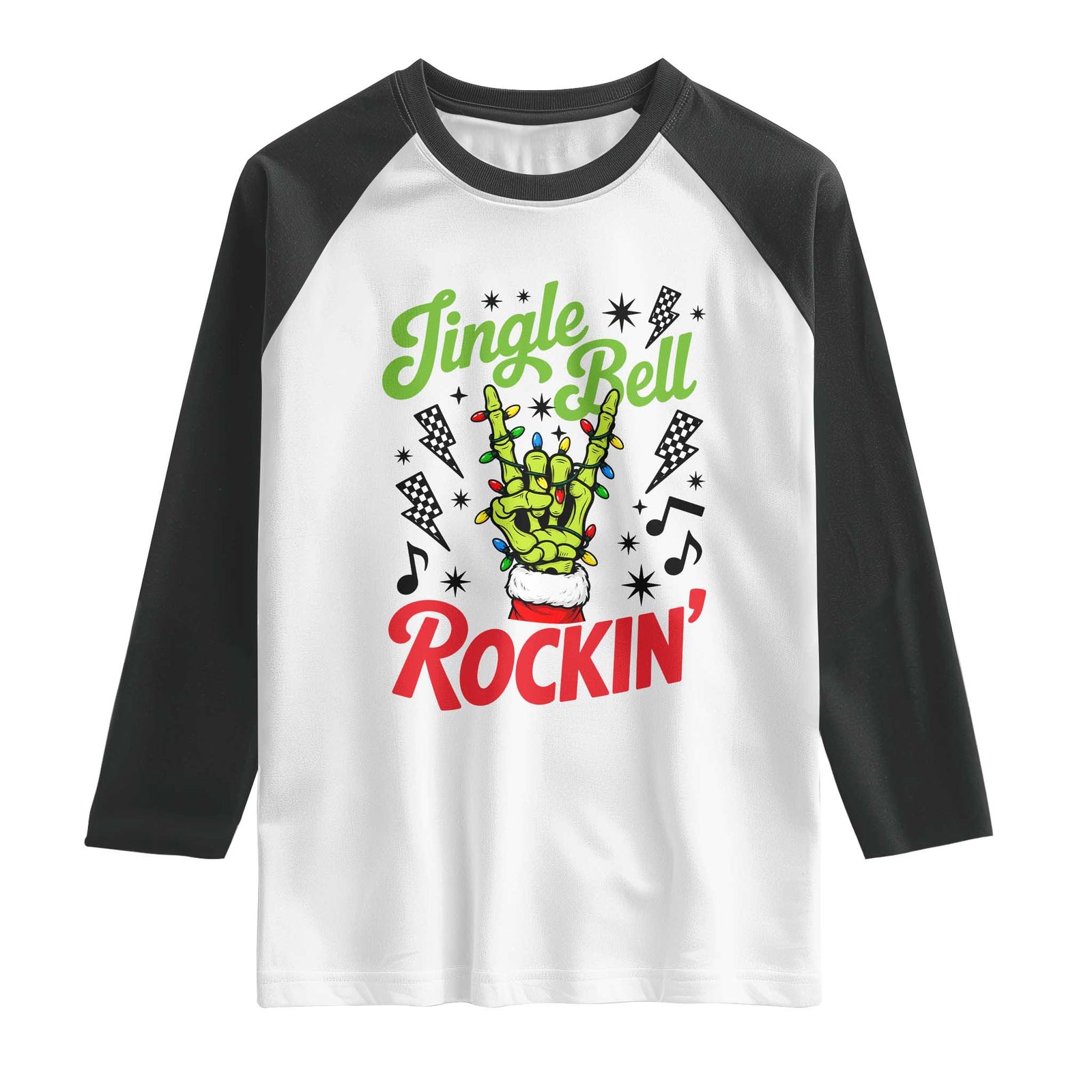 Jingle Bell Rockin Skeleton Hand Raglan Shirt Green Rocker Christmas Holiday Gift