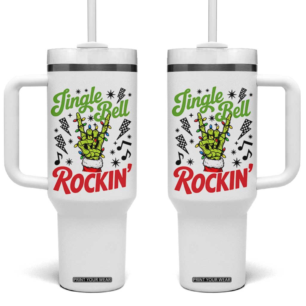 Jingle Bell Rockin Skeleton Hand Tumbler With Handle Green Rocker Christmas Holiday Gift